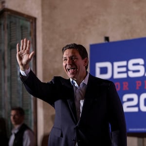 Ron DeSantis greets his supporters during the Never Back Down South Carolina Bus Tour