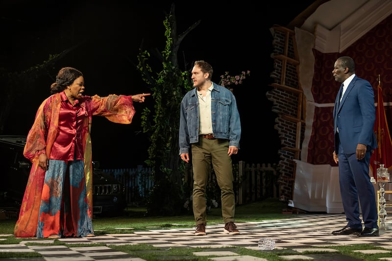 Lorraine Toussaint, Nick Rehberger, and John Douglas Thompson perform 'Hamlet' in Shakespeare In the Park in Central Park, New York