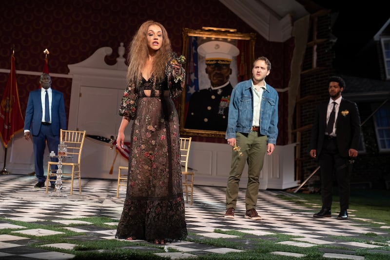 John Douglas Thompson, Solea Pfeiffer, and Nick Rehberger perform 'Hamlet' during Shakespeare In the Park in Central Park, New York