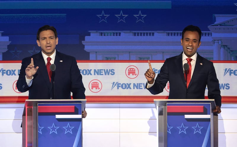 Florida Gov. Ron DeSantis and Vivek Ramaswamy in the first debate of the GOP primary season.