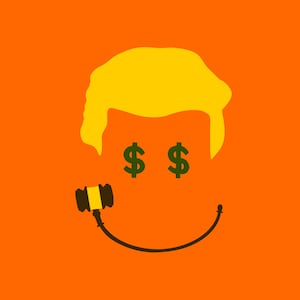 Illustration of a modified smiley face with Donald Trump’s hair, money signs as eyes, and a judge’s gavel as a mouth.