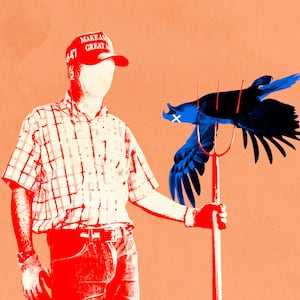 Illustration of a person in a MAGA hat with a pitchfork impaling an eagle