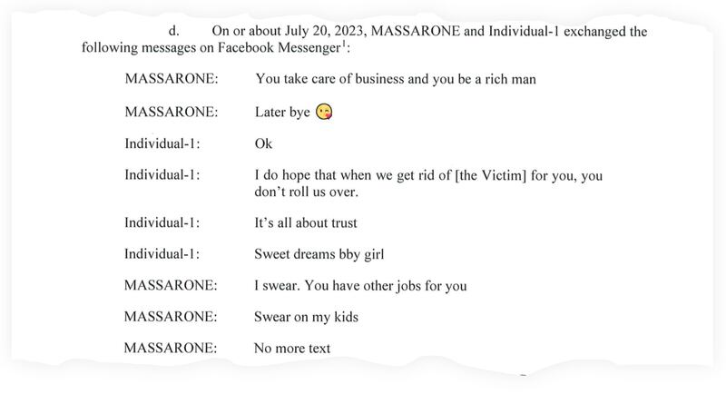 A snippet of a chat between Massarone and the Guyanese police officer, in which she tells him he'll be a "rich man" if he follows her directions.