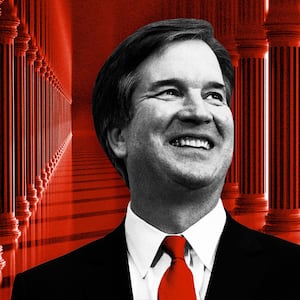 An illustration including a photo of Brett Kavanaugh and supreme court columns