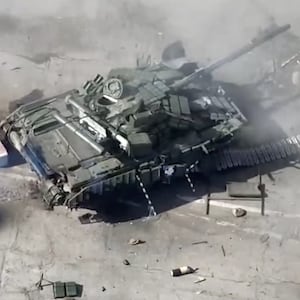 A destroyed tank purportedly used by Ukrainian groups attempting an incursion into Russia’s Belgorod region. 