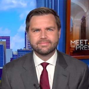 NBC's Kristen Welker (left) and JD Vance (left) during a segment of "Meet the Press"