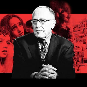 A photo illustration of Alan Dershowitz overlaying pictures of a bombed out area of Palestine and wounded children