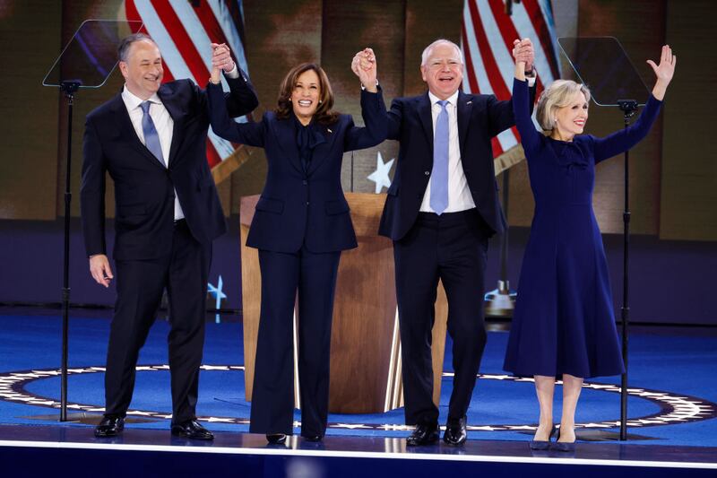 From left to right: Second gentleman Doug Emhoff, Democratic presidential nominee, U.S. Vice President Kamala Harris, Democratic vice presidential nominee Minnesota Gov. Tim Walz and Minnesota first lady Gwen Walz.