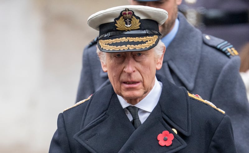 LONDON, ENGLAND - NOVEMBER 10: King Charles III at The Cenotaph on November 10, 2024 in London, England. Each year members of the British Royal Family join politicians, veterans and members of the public to remember those who have died in combat.