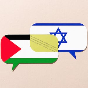 A photo illustration of speech bubbles with the Palestine, Israel flags and the 1st amendment text. 