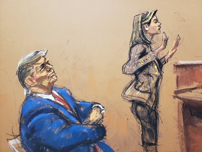 Lawyer Alina Habba gives closing arguments with former President Donald Trump watching.