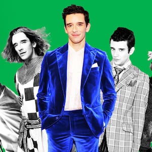 A photo illustration of Michael Urie in his roles in Spamalot, Shrinking, Ugly Betty, and Single All the Way