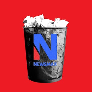 Newsmax logo illustrated over a trash bin.