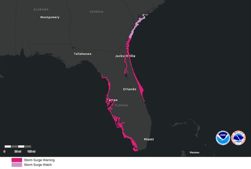 A graphic from the National Hurricane Center shows Hurricane surge warnings for Hurricane Milton stretching up into Georgia.