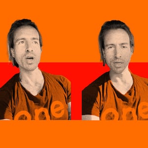 Photo illustration of three portraits of Sam Haskell on a red and orange background.