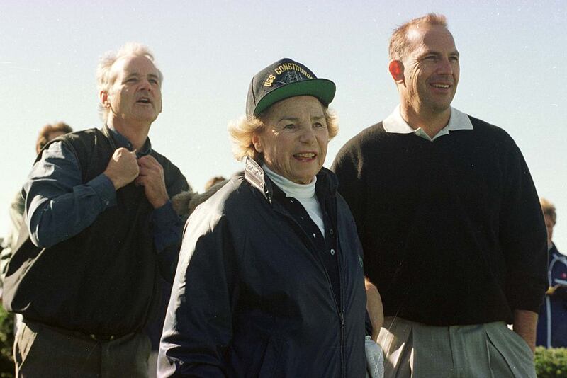 Ethel Kennedy golfs with Kevin Costner and Bill Murray during the Robert F. Kennedy Memorial Golf Tournament in Hyannis Port, Massachusetts, Oct. 15, 1999.