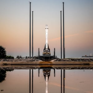 Relativity Space's 3D-printed rocket Terran 1 sits on the launch pad in this handout photograph released ahead of its scheduled launch in Cape Canaveral, Florida, March 8, 2023.