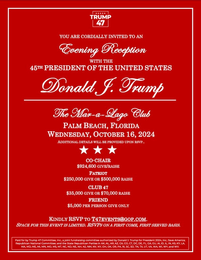 You are cordially invited to an evening reception with the 45th president of the United States