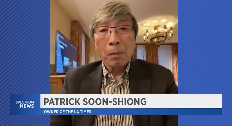 Patrick Soon-Shiong speaks in a TV interview.