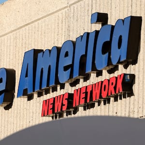 The One America News Network logo is displayed on the One America News Network headquarters on February 2, 2024 in San Diego, California.