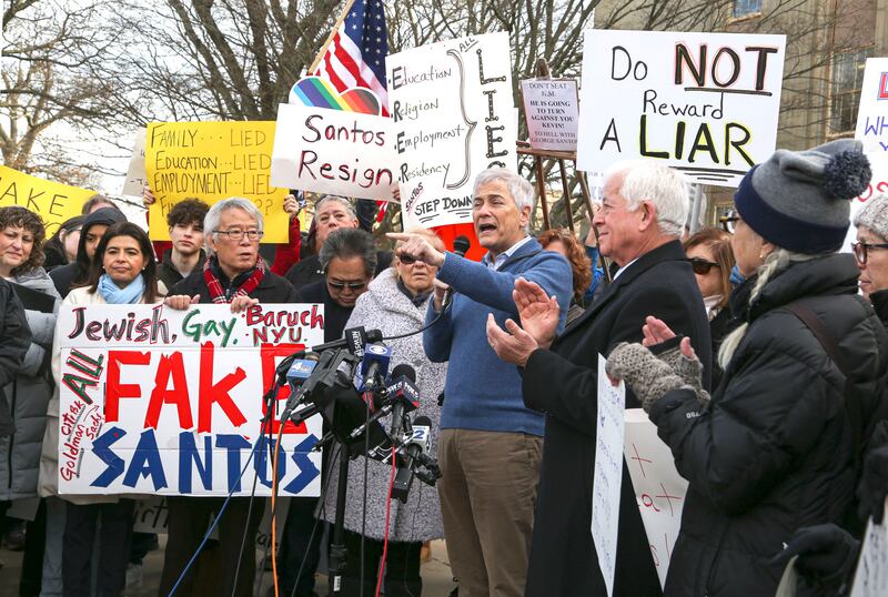 Former Democratic congressional candidate Robert Zimmerman speaks at a rally in Mineola, New York, where local leaders and residents condemned Congressman-elect George Santos’ lies.