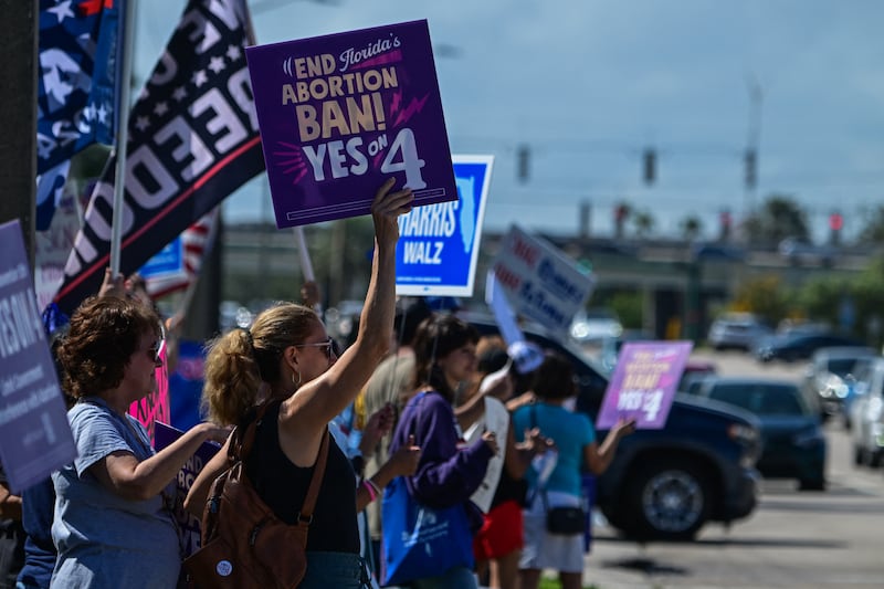 Demonstrators rally in support of reproductive rights—and Democratic presidential candidate Kamala Harris—during the National Women's March in West Palm Beach, Florida, on November 2, 2024.