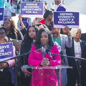 Fearless Fund CEO Arian Simone, center, speaks outside U.S. Supreme Court in Washington, D.C.