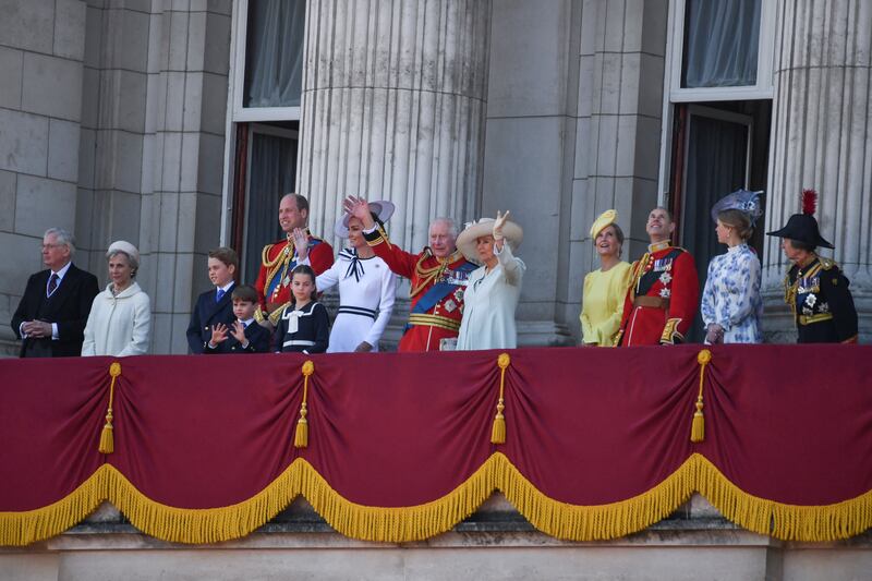 King Charles, Queen Camilla, Princess Anne, Prince William, Kate Middleton, Prince George, Princess Charlotte, Prince Louis, Duchess Sophie, Prince Edward, Lady Louise Windsor, Prince Richard, Duke of Gloucester and Birgitte, Duchess of Gloucester.