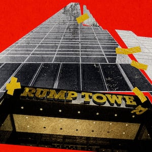 Photo illustration of a taped together Trump Tower