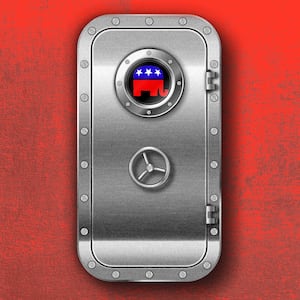 A photo illustration of a metal bunker door with the logo of the GOP elephant inside.