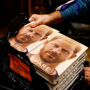 Copies of Prince Harry’s memoir, “Spare.”