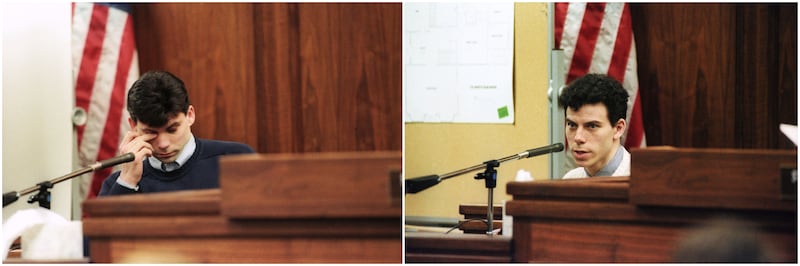 From left: Lyle and Erik Menendez each testify under cross examination during their murder trial in October 1993.