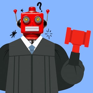 A photo illustration of a robot judge.