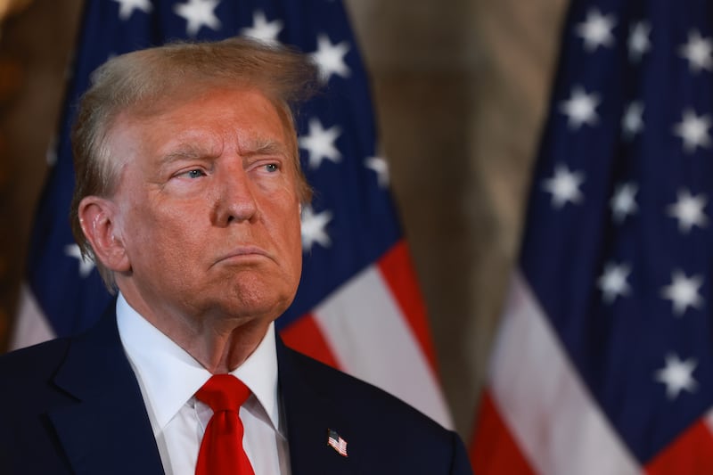 Former President Donald Trump during a joint press conference with Speaker of the House Mike Johnson (R-LA) at Mar-a-Lago.