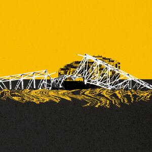 Photo illustration of the Francis Scott Key Bridge collapse in Baltimore, Maryland on a yellow and black background