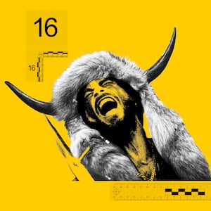 Photo illustration of Jacob Chansley, the QAnon Shaman, wearing his fur hat on a yellow background with evidence markers