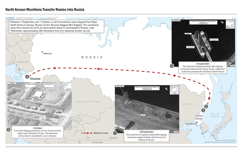 Imagery released by the U.S. government showing a map of alleged North Korean arms transfers to Russia. 