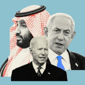 Photo illustration of Mohammed Bin Salman of Saudi Arabia, Bibi Netanyahu of Israel, and Joe Biden of the USA on a blue background.