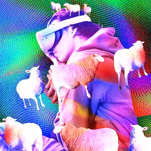 A photo illustration of a person sleeping with a VR headset and counting sheep.