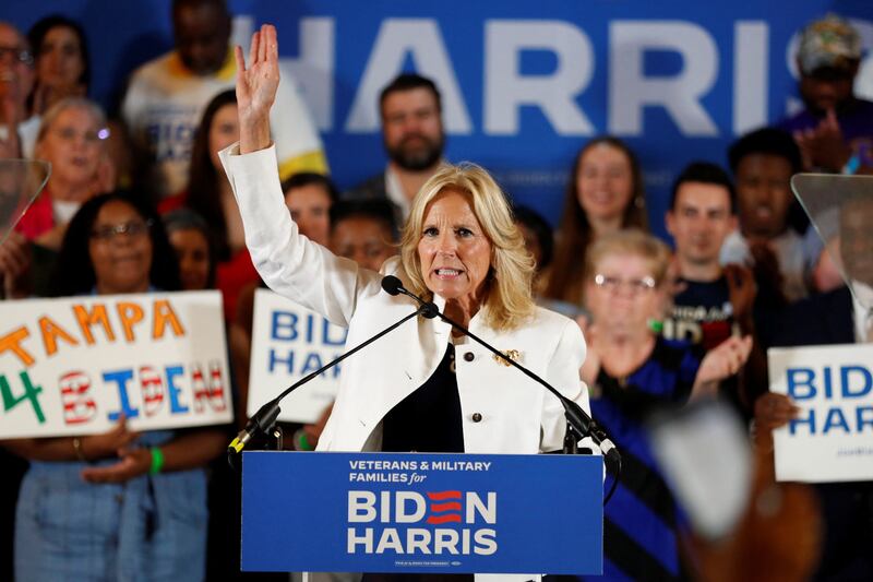 Jill Biden speaks to supporters of her husband, President Joe Biden, during a campaign event at the American Legion Seminole Post 111 in Tampa, Florida, U.S., July 8, 2024.