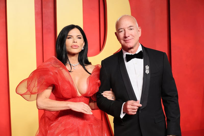 Lauren Sanchez and Jeff Bezos arrive at the Vanity Fair Oscar party, March 10, 2024.