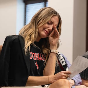 Melissa Alexander, a Covenant School mom, cries after testifying during a House Subcommittee meeting. Her son, who survived, was in his fourth-grade classroom when the shooter smashed their way into the school and started firing. 