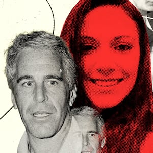 A photo illustration of Carolyn Andriano in red with Jeffrey Epstein and Ghislaine Maxwell in black and white.