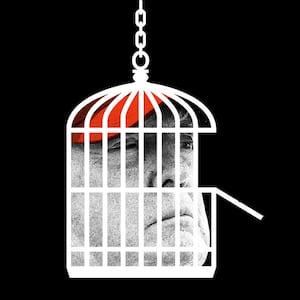 Photo illustration of Trump in an open bird cage.