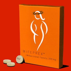 Illustration of a box of mifeprestone with the woman logo wearing a crown of thorns