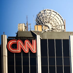 The CNN logo is seen on a building.