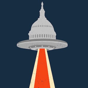 An illustration of the US Capitol building as a flying saucer.