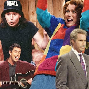 A collage of Kristen Wiig, Eddie Murphy, Mike Myers, Adam Sandler, Will Ferrell on SNL