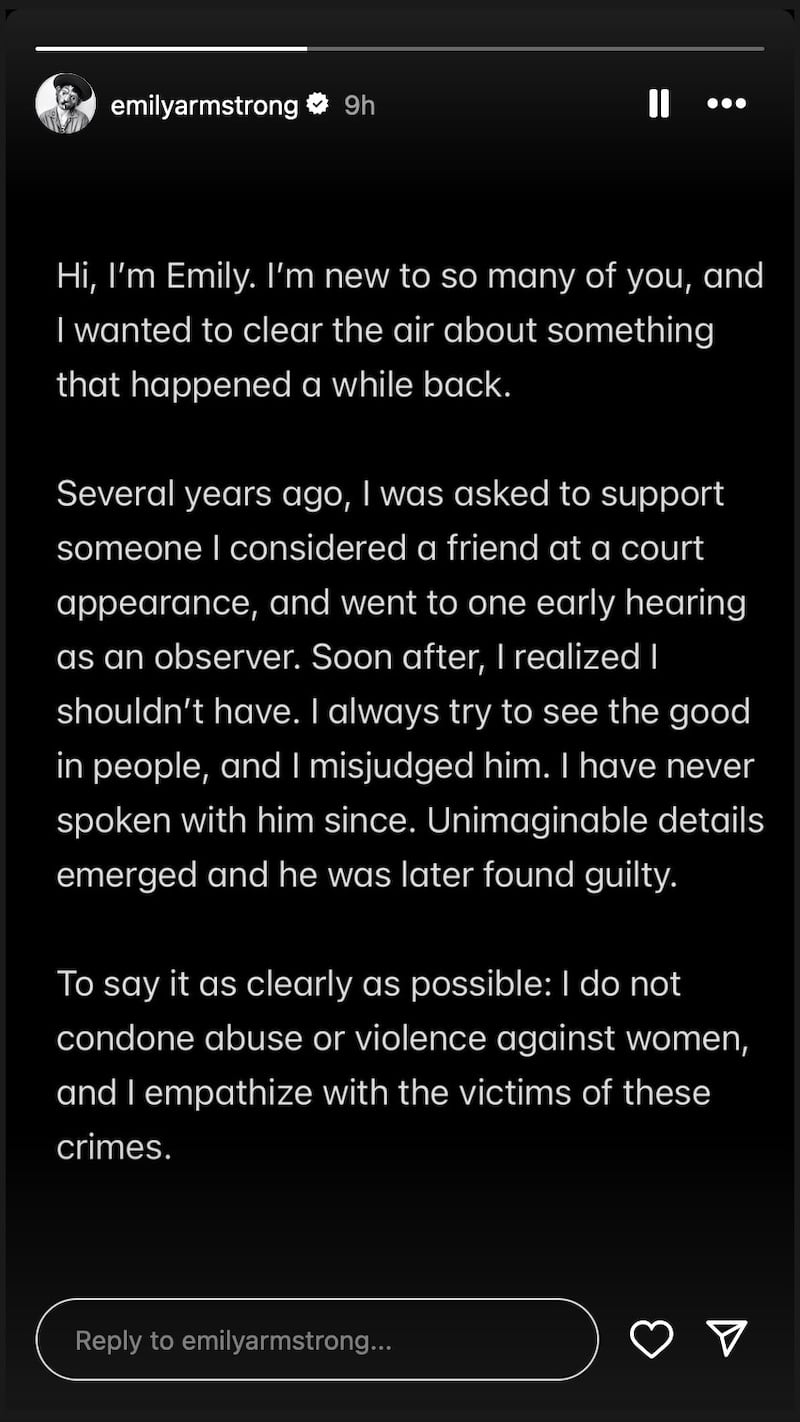 An Instagram post in which Emily Armstrong says she should not have attended a hearing for the since-convicted rapist Danny Masterson.