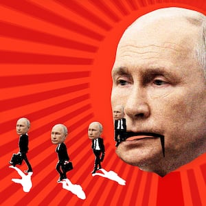 A photo illustration showing a large Putin puppet with small Putin minions trailing out from him.